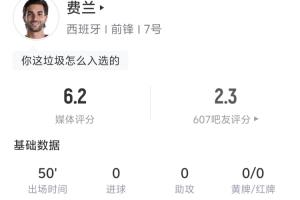 费兰半场数据：3射门1射正1中框 丢失球权14次 地面对抗6成功0配图